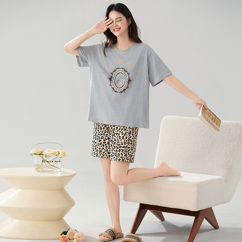 新款睡衣纯棉女款夏季短袖简约圆领2025款字母小兔豹纹家居服套装