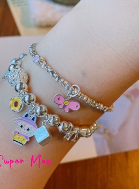 supermax原创小众设计S925纯银碎银子粉色小蝴蝶简约极细叠戴手链