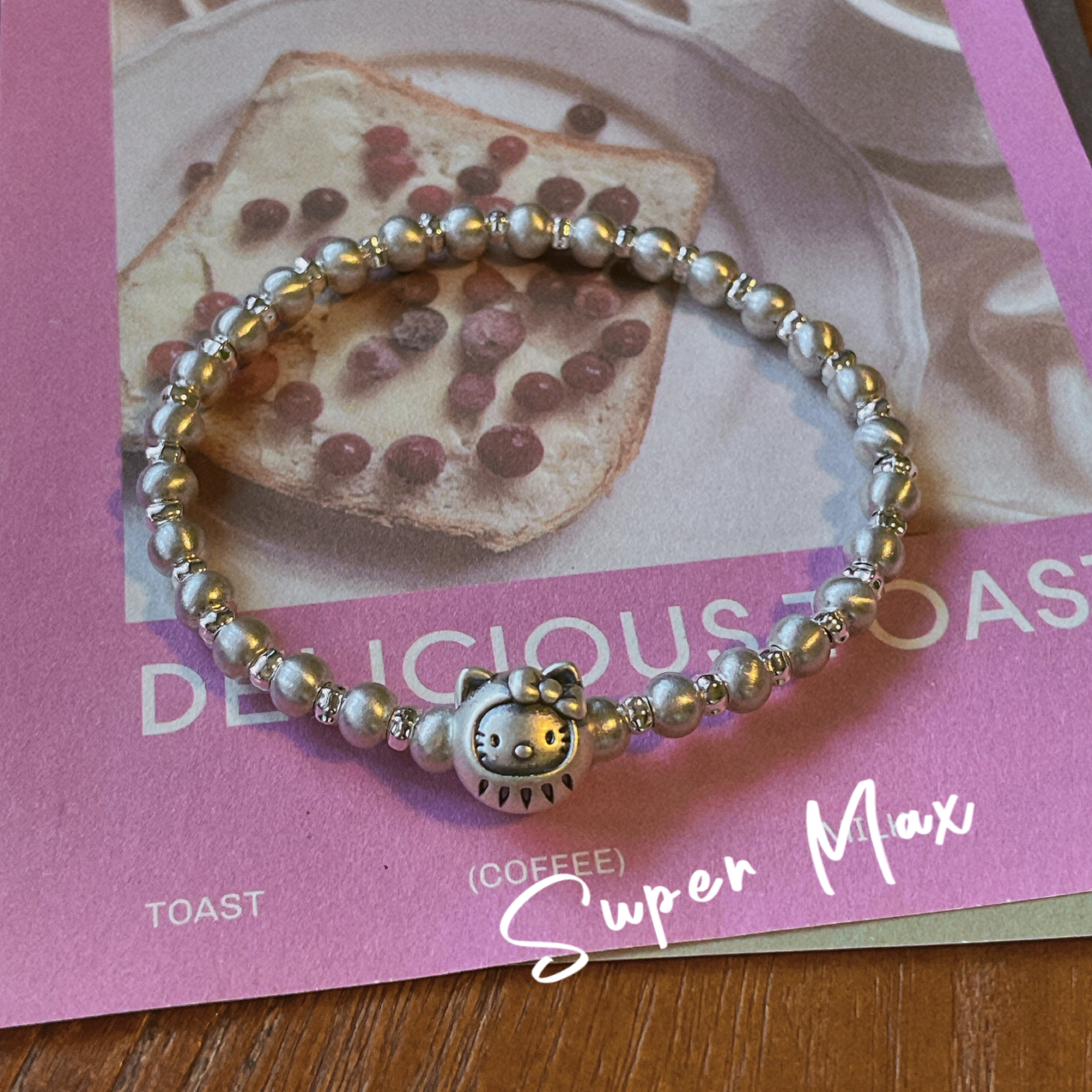 super max原创小众设计s925纯银复古磨砂999足银大福猫头银珠手链