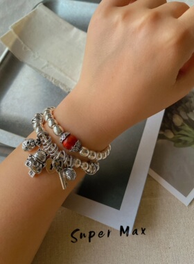 S925纯银原创手工设计复古小众招财猫福袋钱袋爱心锁银珠叠戴手链