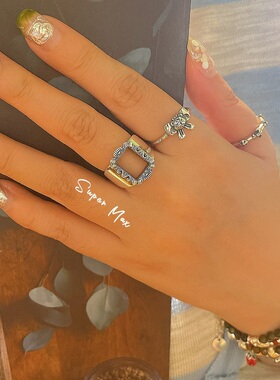 super max原创设计款韩版小众S925纯银重工镂空方形叠戴开口戒指