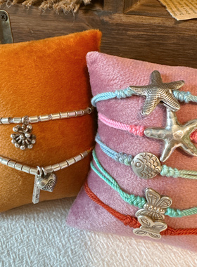 原创小众设计款泰国进口手工银做旧s925海星叠戴简约棉线手绳