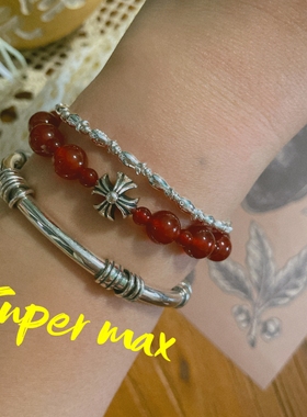 原创小众设计款纯银s925重工十字球球玛瑙叠戴百搭手链女