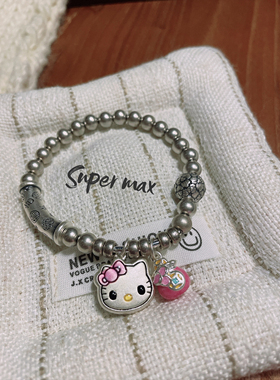 S999做旧复古银手链女 福字弯管银珠串 可爱猫猫福袋s925原创手串