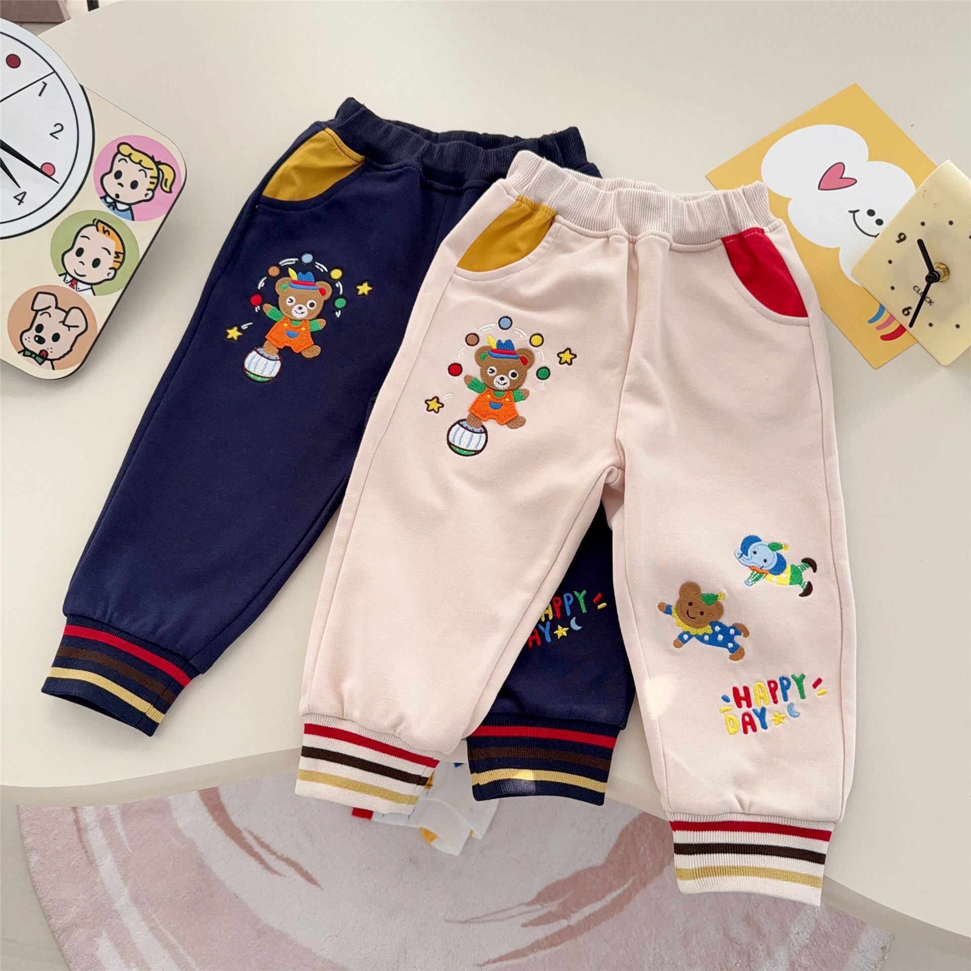 26春秋日系miki儿童裤卡通刺绣小熊纯棉马戏团休闲运动男女宝裤子