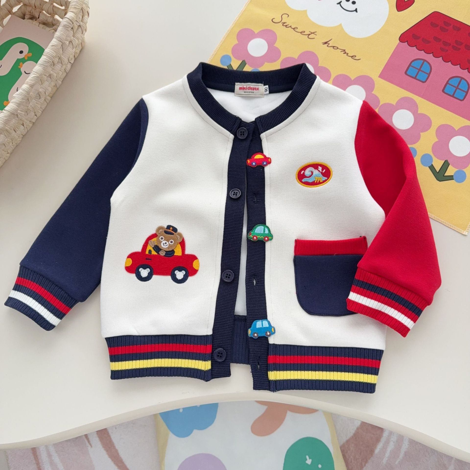 日系外贸miki26春秋小汽车双色袖针织开衫卡通小熊男女童休闲外套,童装/婴儿装/亲子装,毛衣/针织衫,淘宝优惠券,粉丝福利购,淘宝优惠卷