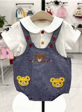 清仓处理100.110码日系外贸miki夏男女宝针织牛仔小熊纯棉背带裤