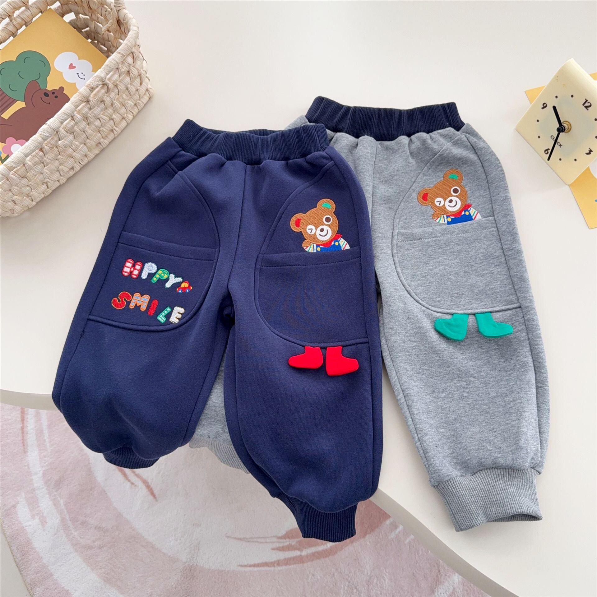 26春秋日系miki儿童裤卡通小熊运动裤男女宝纯棉口袋休闲长裤子潮