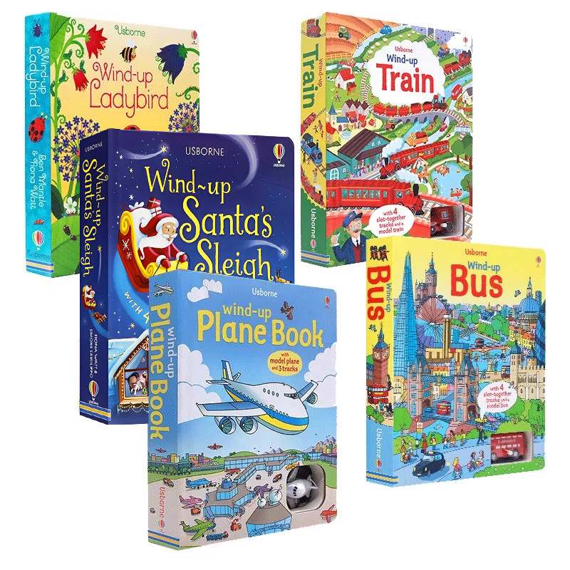 Usborne Wind-up发条轨道书5册 英文原版飞机Plane火车Train巴士Bus圣诞Christmas瓢虫Ladybird 亲子互动益智交通玩具书大开本