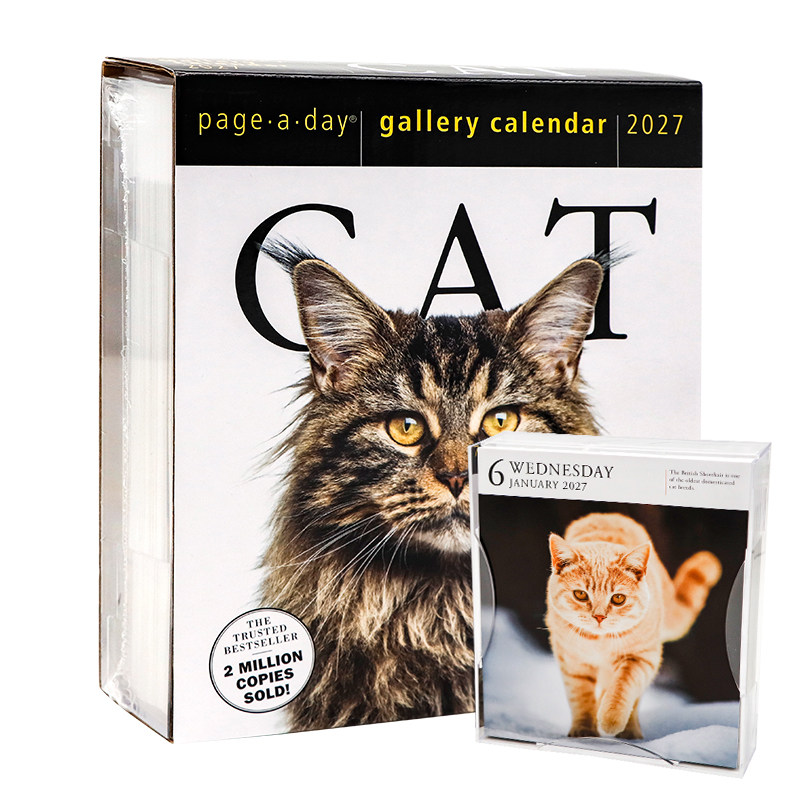 2027台历英文原版 一天一页猫 画廊日历 Cat Page-A-Day Gallery Calendar 2027新款 宠物摄影 每天一页 亚克力支架台历 摆件礼物
