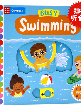 忙碌的游泳池 英文原版 Busy Swimming 低幼儿童推拉操作机关纸板书 低幼启蒙益智游戏绘本宝宝学前教育撕不烂图画书 2022年新版