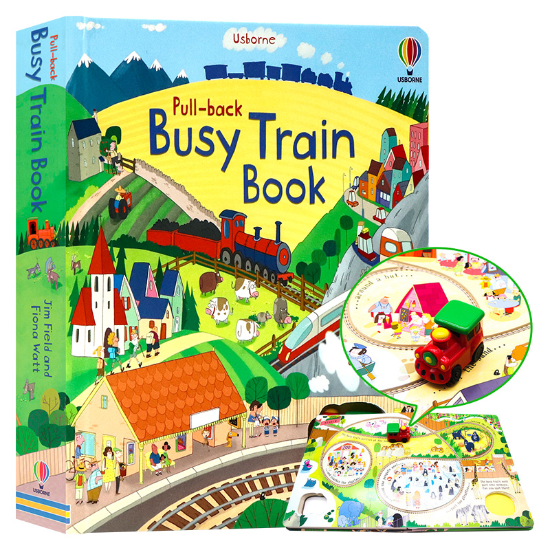 繁忙的火车轨道书 Usborne Pull-back Busy Train英文原版绘本儿童互动游戏读物益智轨道书 wind-up同系列手动回拉玩具书大开-封面