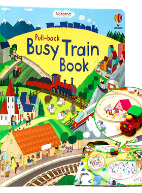 繁忙的火车轨道书 Usborne Pull-back Busy Train 英文原版绘本 儿童互动游戏读物 益智轨道书 wind-up同系列手动回拉玩具书大开