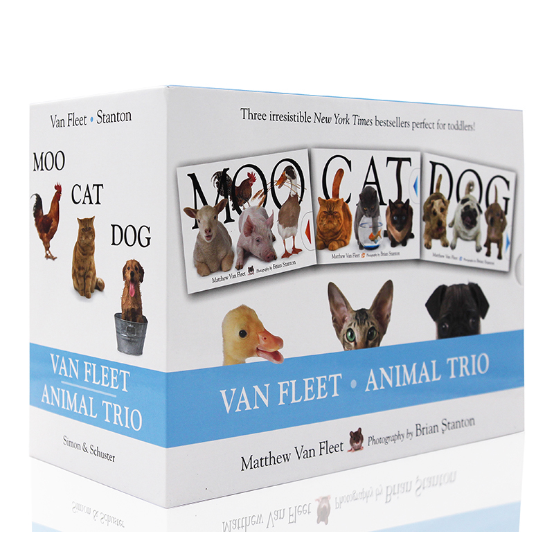 精装大开本纸板触摸操作书抽拉书3本盒装 英文原版 Van Fleet Animal Trio Moo Cat Dog 幼儿启蒙认知 立体书绘本 触摸书