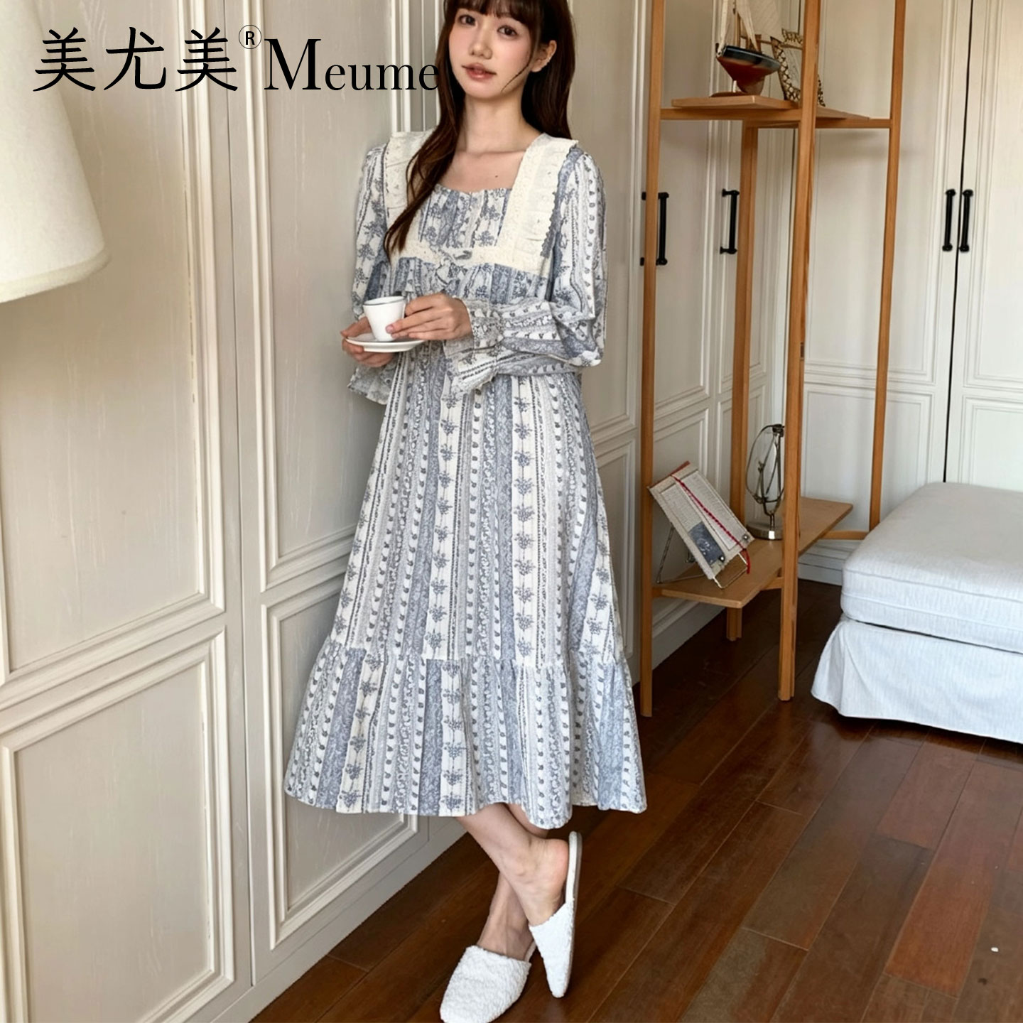 美尤美纯棉甜美碎花收腰连衣裙