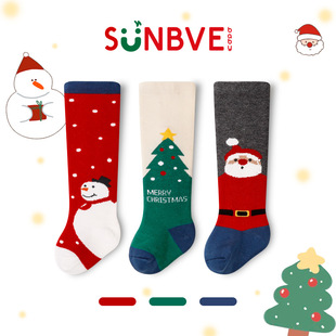 婴儿袜子春秋厚棉长筒宝宝袜子新生儿纯棉卡通过膝大红喜庆圣诞袜