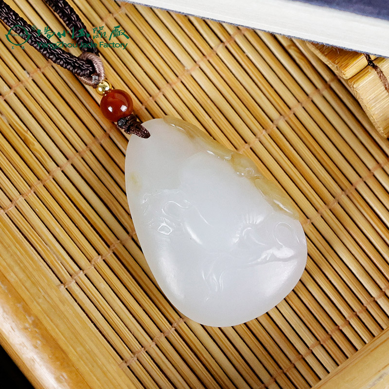 玉缘天然和田玉俄罗斯白玉福寿如意挂件吊坠带糖色白度好油润细腻
