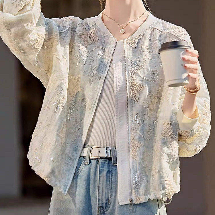 减龄刺绣防晒开衫外套女春秋薄款2026年新款时尚短款镂空棒球外套