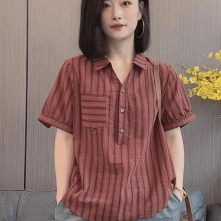 V领条纹短袖衬衫女士2025夏季新款时尚气质休闲宽松遮肚雪纺上衣
