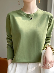 圆领纯棉长袖t恤女春秋新款显瘦宽松丝光棉纯色打底衫内搭西服女