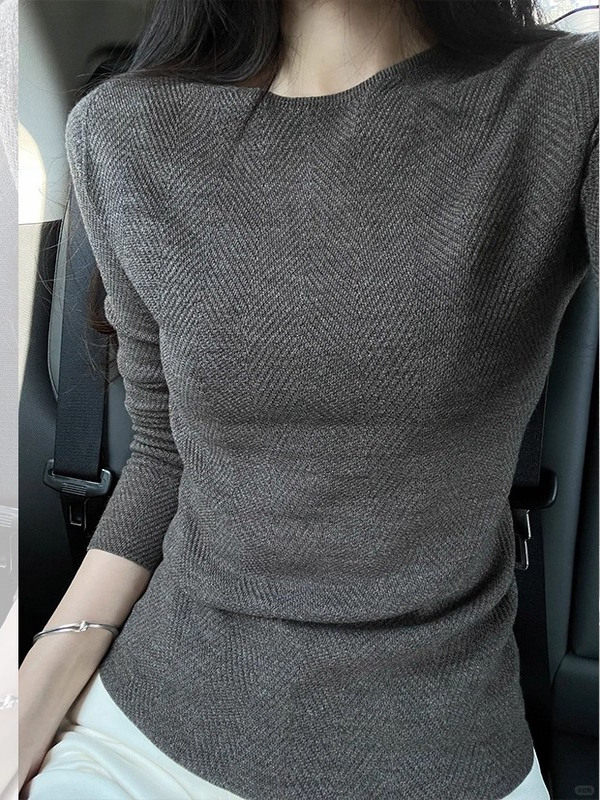 法式覆古简约纯色长袖T恤女秋季修身显瘦高级感内搭打底衫上衣