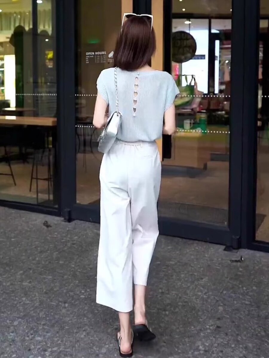 夏装搭配一整套两件套装气质女神范高级感冰丝短袖上衣九分阔腿裤