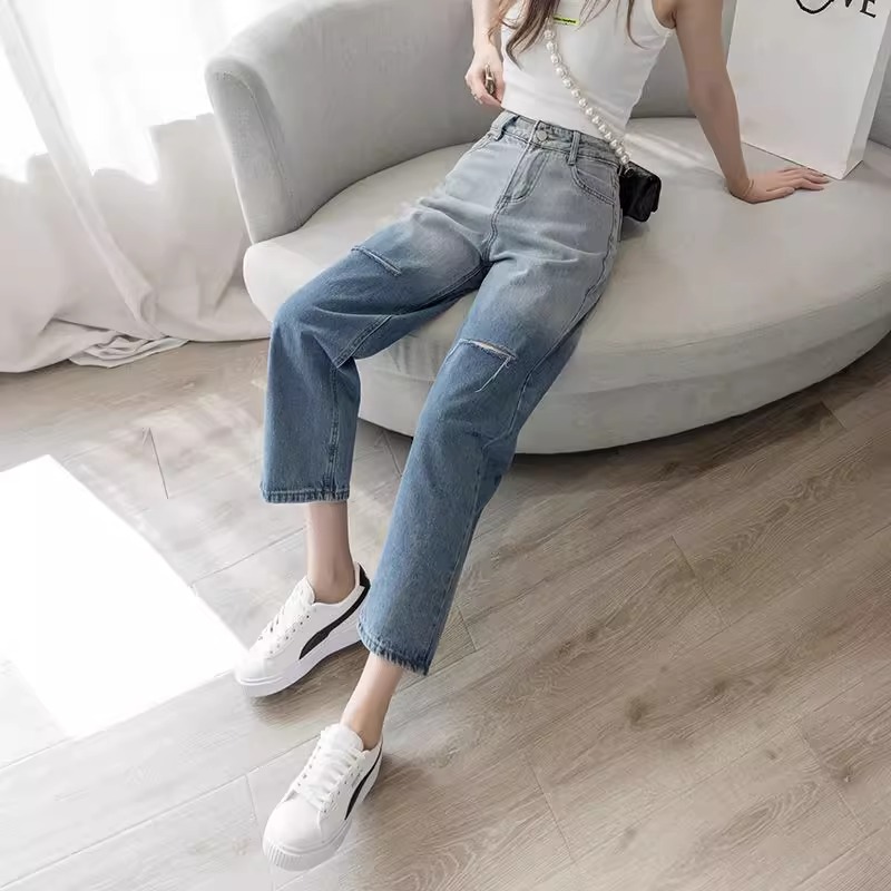 小个子破洞牛仔裤女夏季薄款高腰显瘦窄版阔腿裤宽松直筒九分裤子