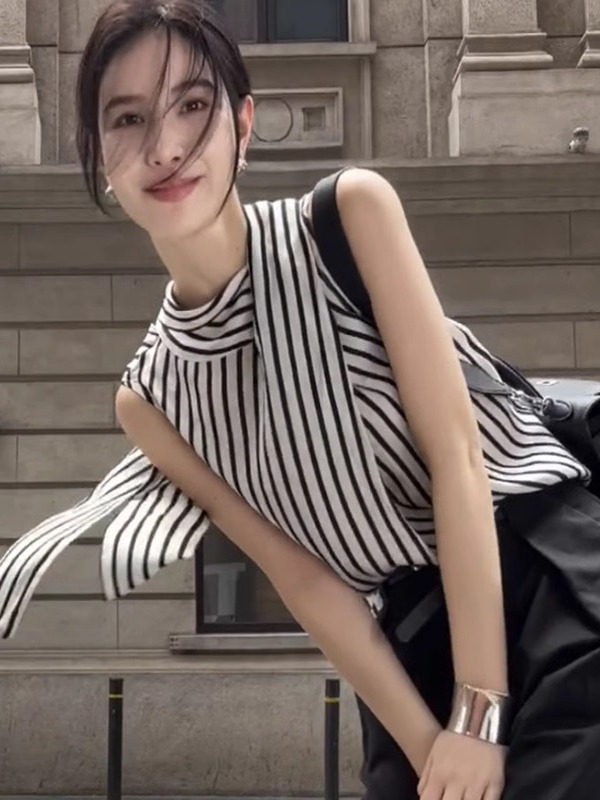 夏季法式系带挂脖条纹无袖衬衫女显瘦别致小衫设计感覆古气质上衣