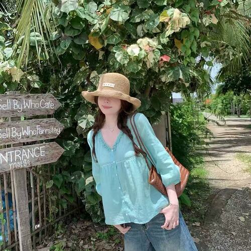 PtonUmi夏日流萤 苎麻木耳花边V领七分袖衬衫女夏湖绿色上衣百搭