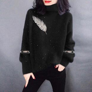 小心机破洞印花高领黑色针织衫毛衣欧洲站2025秋冬女装新款欧货潮