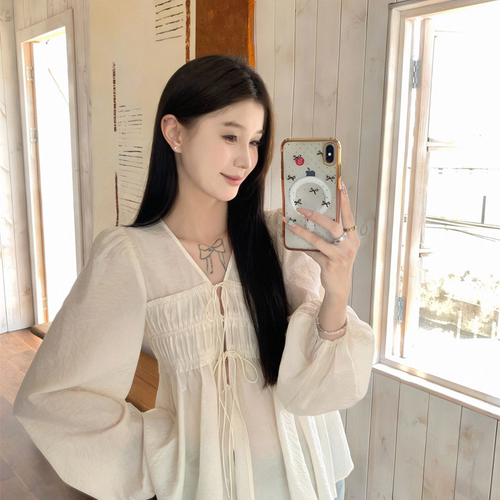 实拍有货~长袖系带衬衫女春秋韩版收腰气质打底衫chic纯色上衣