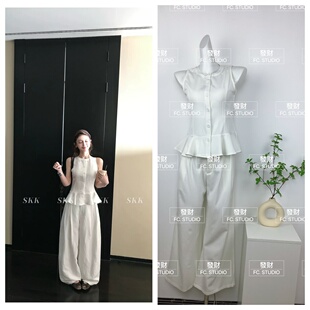 HEYGIRL黑哥 妮味outfit 荷叶边无袖衬衫背心马甲上衣阔腿裤套装