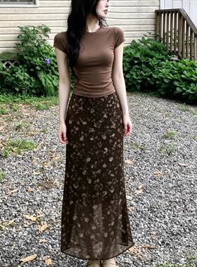 棕色碎花半身裙女包臀鱼尾长裙子短袖两件套装夏日绝美一整套穿搭