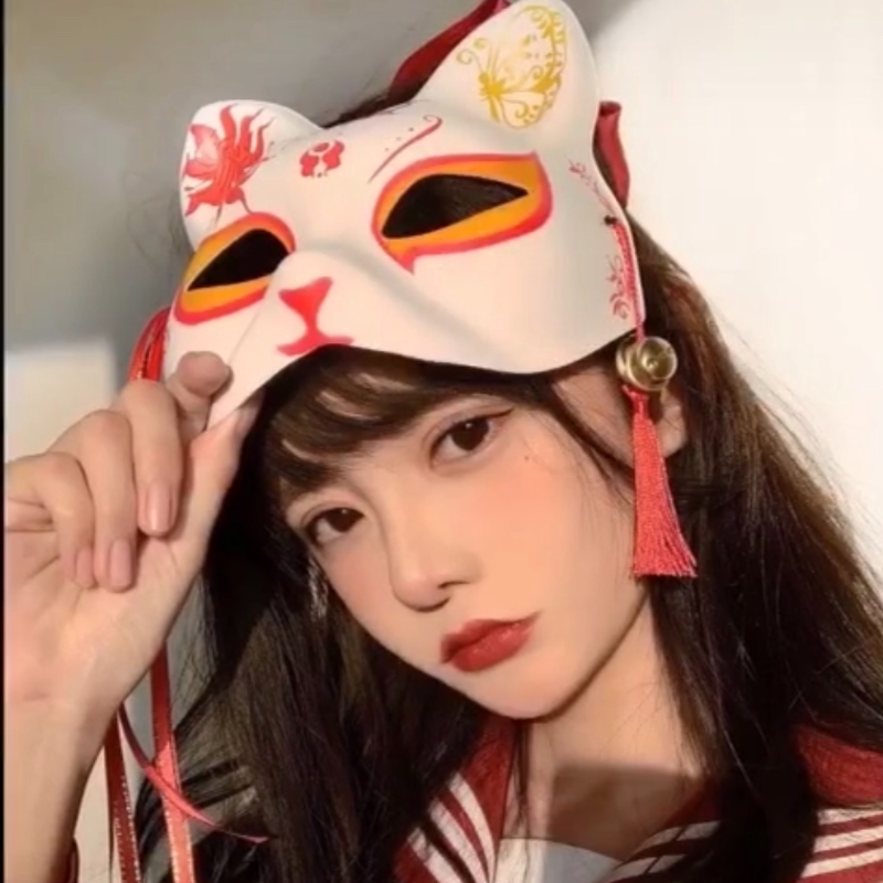 和风日式猫狐狸面具佩戴化妆舞会cos卡通古风妖狐汉服