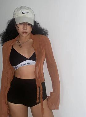 1996 美式跳舞性感透视雪纺衫透气凉爽低胸网纱V领紧身爵士舞开衫