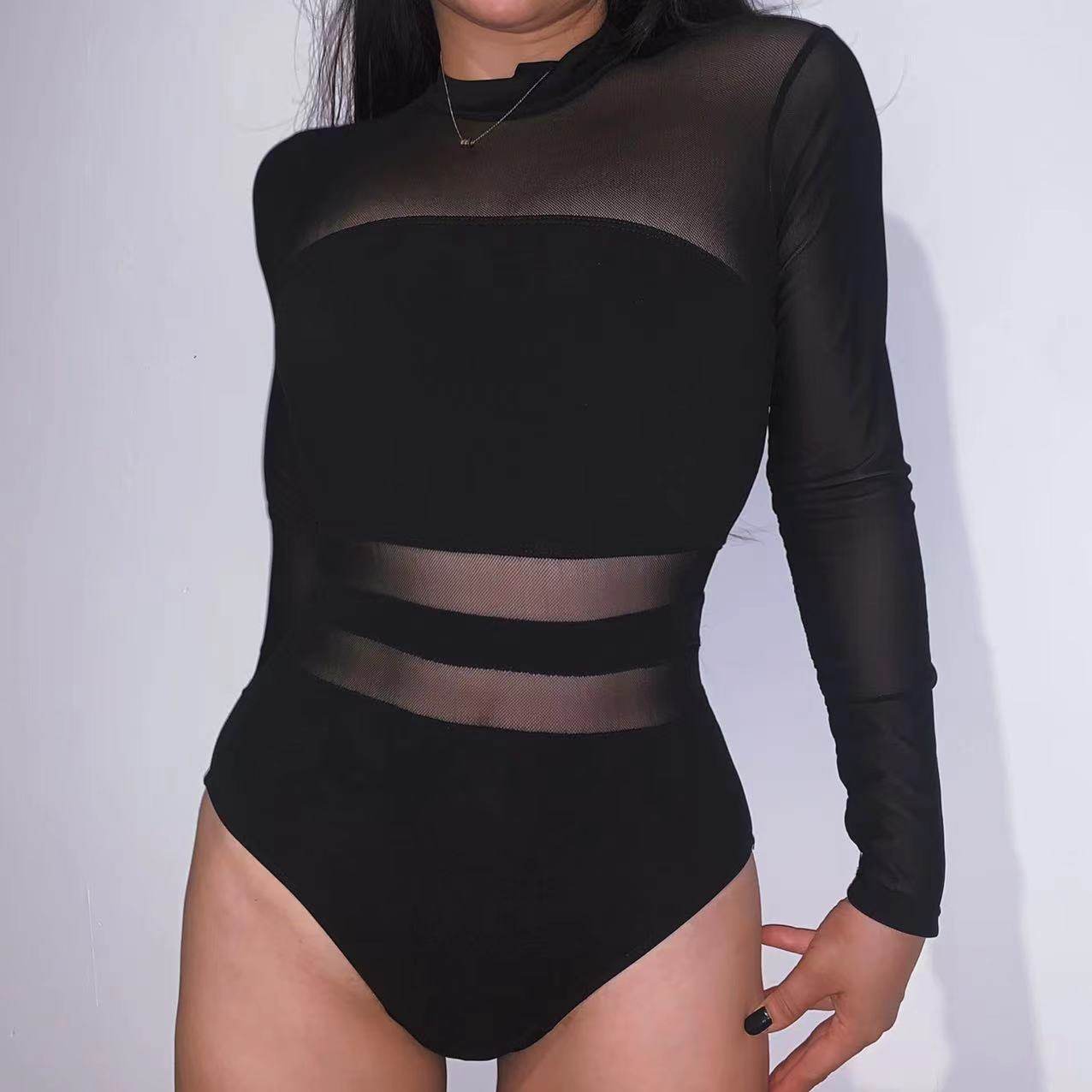 长袖辣妹薄款网纱爵士舞连体衣