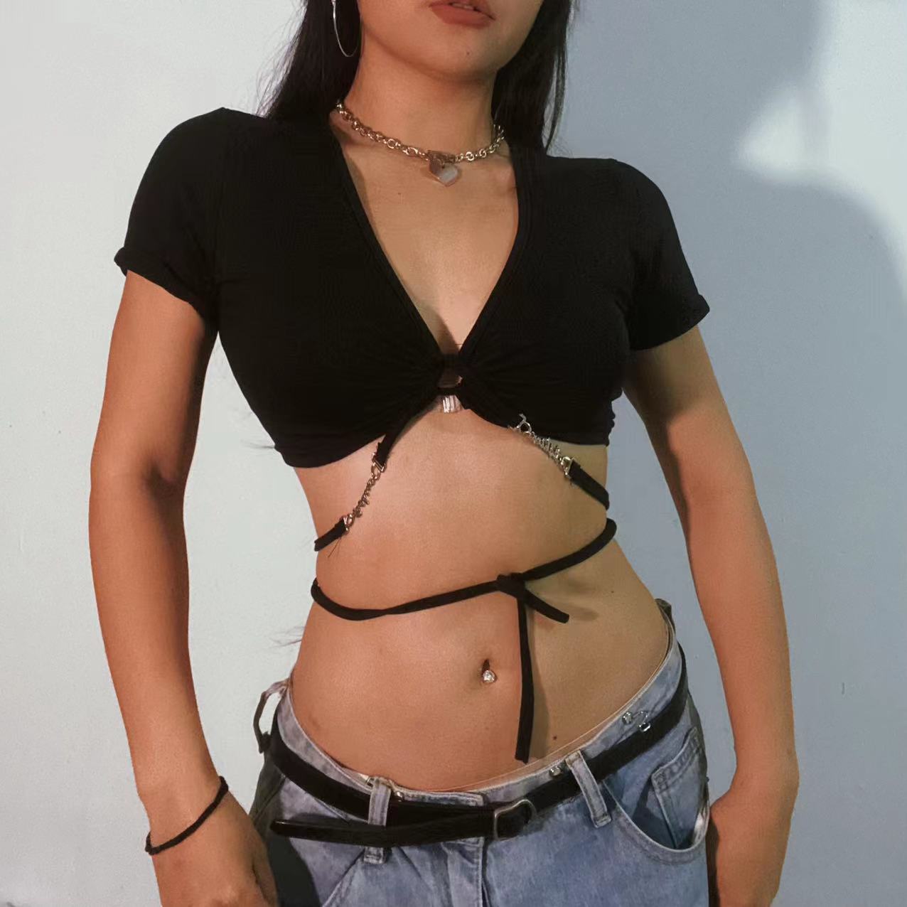 1996 欧美heels低胸心机V领显瘦紧身上衣露脐性感爵士舞绑带上衣