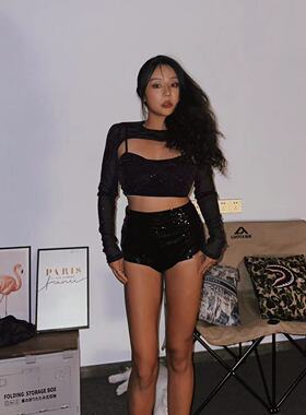 1996 爵士舞性感两件套亮闪闪黑色背心镶钻夜店heels舞服吊带背心