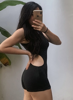 1996 欧美性感爵士舞高领连体衣无袖高开叉连体裤heels紧身上衣女