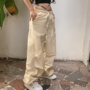1996欧美辣妹跳舞低腰显瘦米色直筒裤工装hippop薄款乞丐裤夏裤子