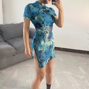 1996欧美显瘦薄款 透视jazz裙子中国舞表演改良弹力炸街花朵短旗袍