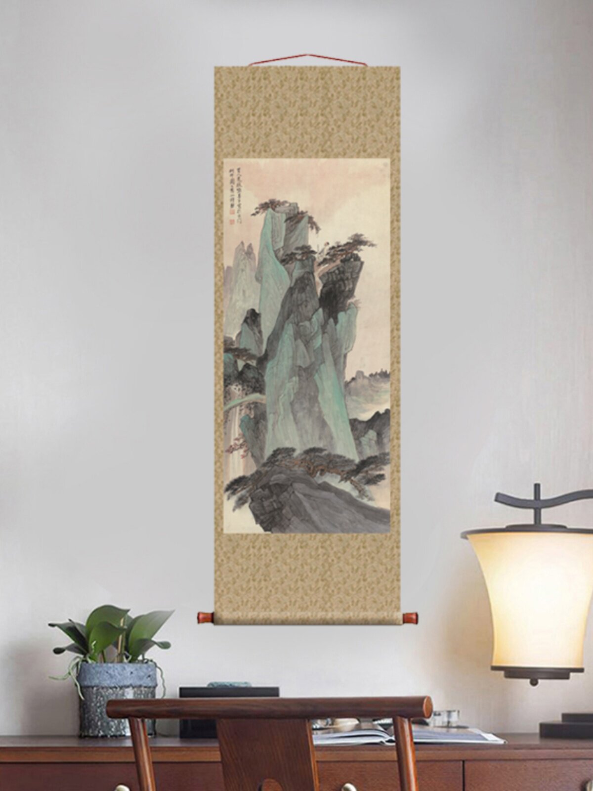 张善子青绿山水图挂轴条幅卷轴山水画名画复制品中式玄关画装饰画