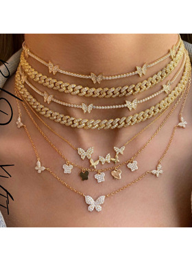 包金时尚博主锆石满钻蝴蝶项圈