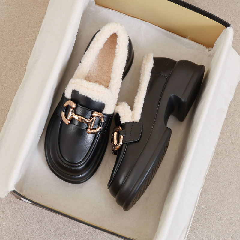厚底乐福鞋2025新款粗跟松糕圆头毛毛鞋秋冬时尚棉鞋皮鞋加绒单鞋