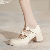 法式 小香风豆豆单鞋 仙女风2026蝴蝶结春秋新款 玛丽珍粗跟软底皮鞋