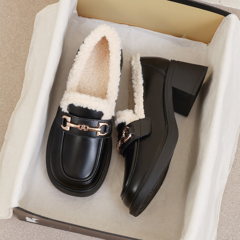 乐福鞋2025秋冬毛毛鞋粗跟加绒英伦豆豆新款时尚棉鞋皮鞋保暖单鞋