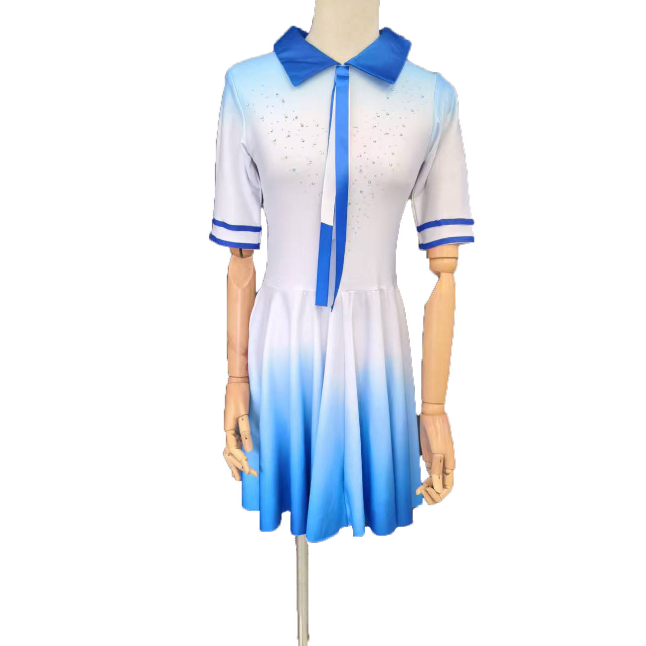 心中的信仰蓝白渐变翻领连衣裙女合唱演出服红歌比赛朗诵表演服装