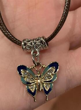 自制 y2k复古蝴蝶吊坠项链皮绳子项圈卫衣项链潮酷百搭项链短款