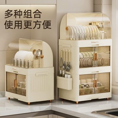 (YAN)厨房碗碟收纳置物架双层碗柜带盖防尘大容量碗盘沥水餐具收