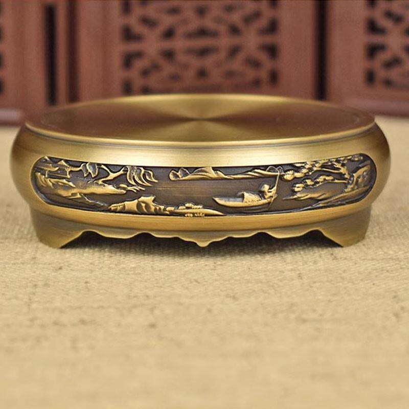 黄铜米缸纯铜香炉莲花山水底座圆形复古聚财摆件家居小铜器工艺品